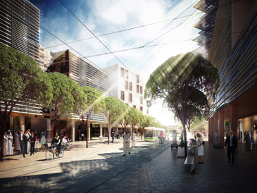 Masdar’s pedestrianised streets will be kept cool, thanks to wind gates that regulate air flow, plants water features and shaded colonnades MasdarCGI11