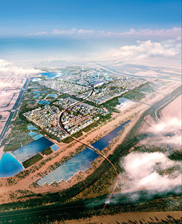 A CGI rendering of Masdar City, 17km from downtown Abu Dhabi, which aims to have 40,000 residents by 2025 masdarcity2e