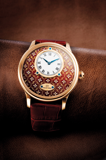 The Jacquet Droz Petite Heure Minute, enamelled by Anita Porchet Anita-Porchet-Jaquet-Droz-Petite-Heur-Minute-Red-Paillonnee-on-Flinque-enamel