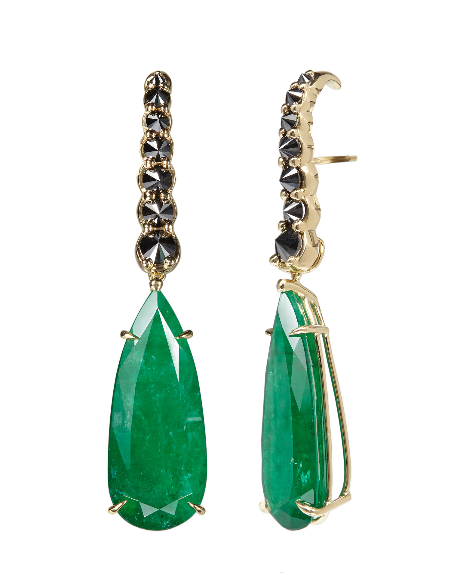 Ara Vartanian’s  black diamond ear climbers can be transformed by the addition of two pear-shaped emerald drops Ara-Vartanian-EA194-3