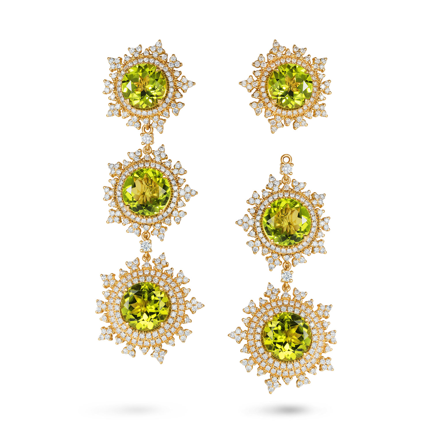 Nadine Aysoy’s Tsarina triple detachable peridot and diamond earrings Tsarina-Earrings---18kt-Yellow-Gold-Peridot-Diamonds--