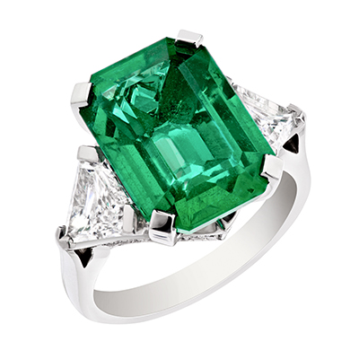 Faberge Devotion ring with Zambian emerald surrounded by diamonds and set in platinum green-giant-Devotion-Emerald-ring