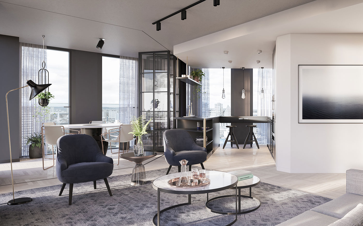 One-Crown-Place---Living-room-and-kitchen-in-a-dual-aspect-apartment.-Designed-by-Bowler-James-Brindley