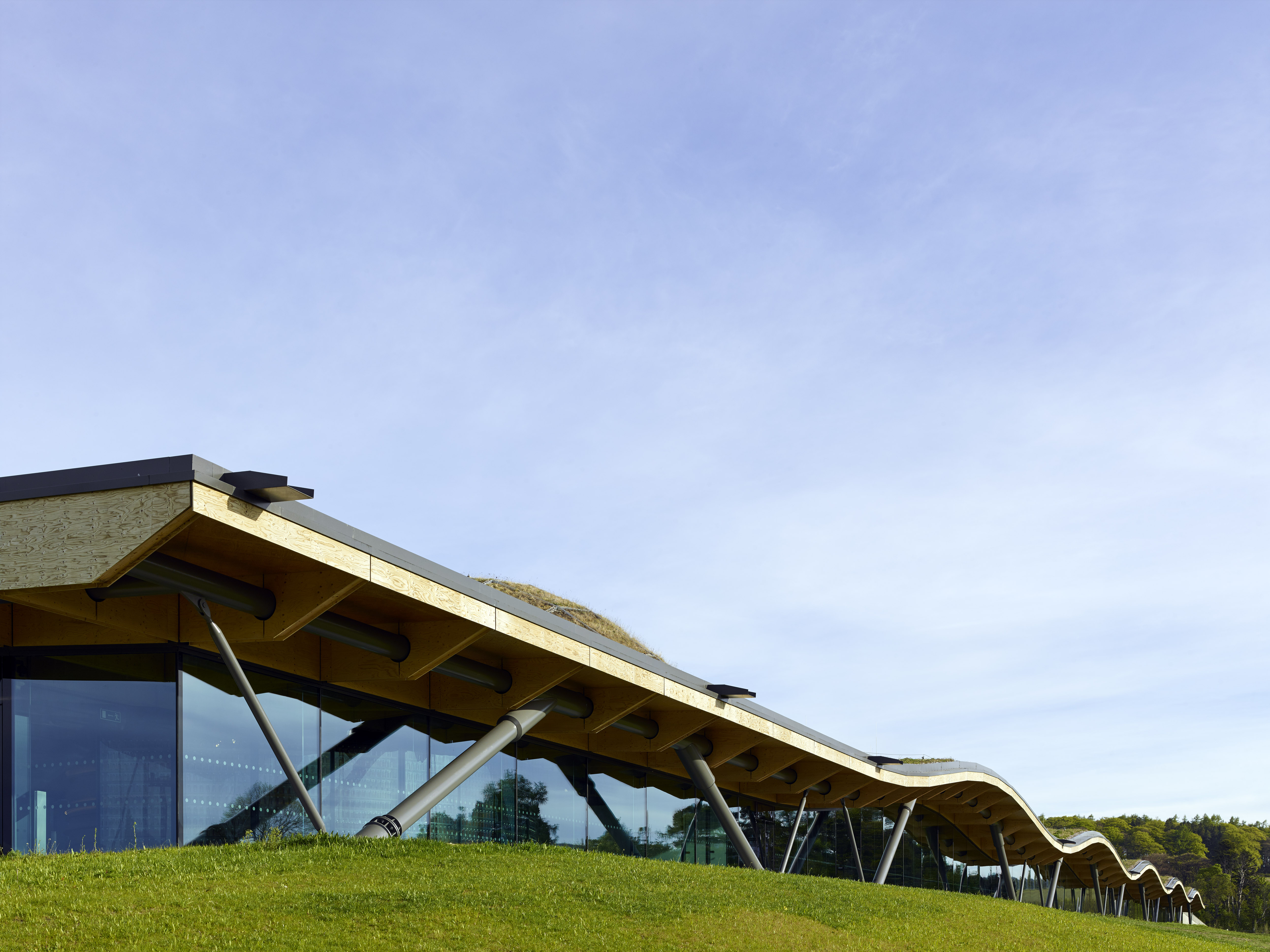 The undulating roof blends seamlessly into the landscape