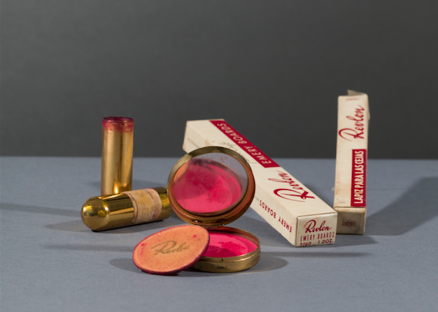 Revlon compact and powderpuff with blusher in ‘Clear Red’ and Revlon lipstick in ‘Everything’s Rosy’; emery boards and eyebrow pencil in ‘Ebony’. Before 1954. Photograph Javier Hinojosa. © Diego Riviera and Frida Kahlo Archives