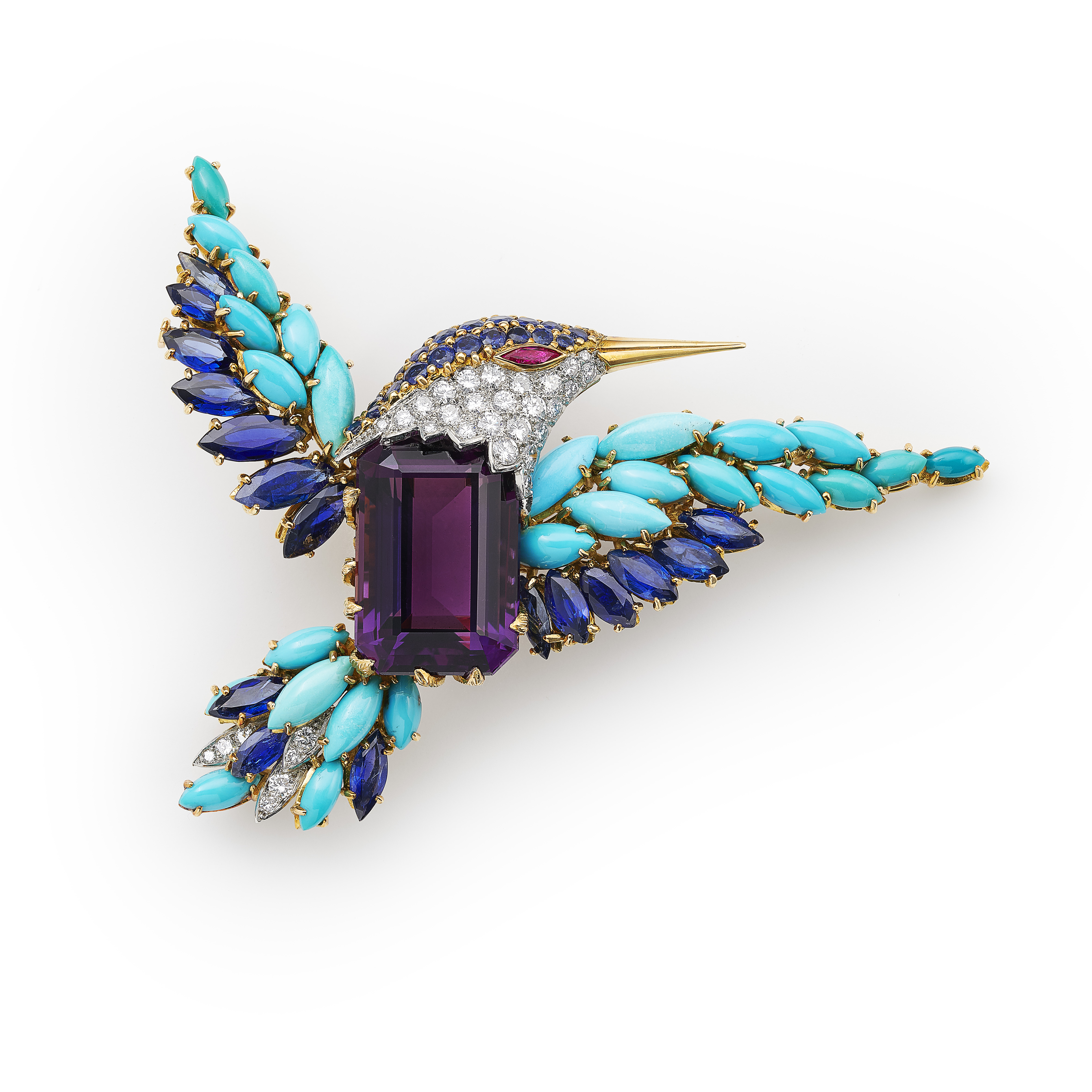 Amethyst and Turquoise Bird Brooch