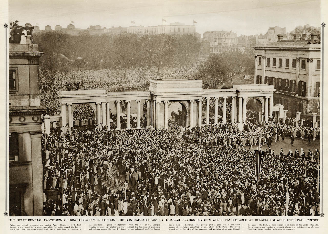 King George State Funeral procession at Hyde Park Corner with same Gun carriage as Queen Elizabeth