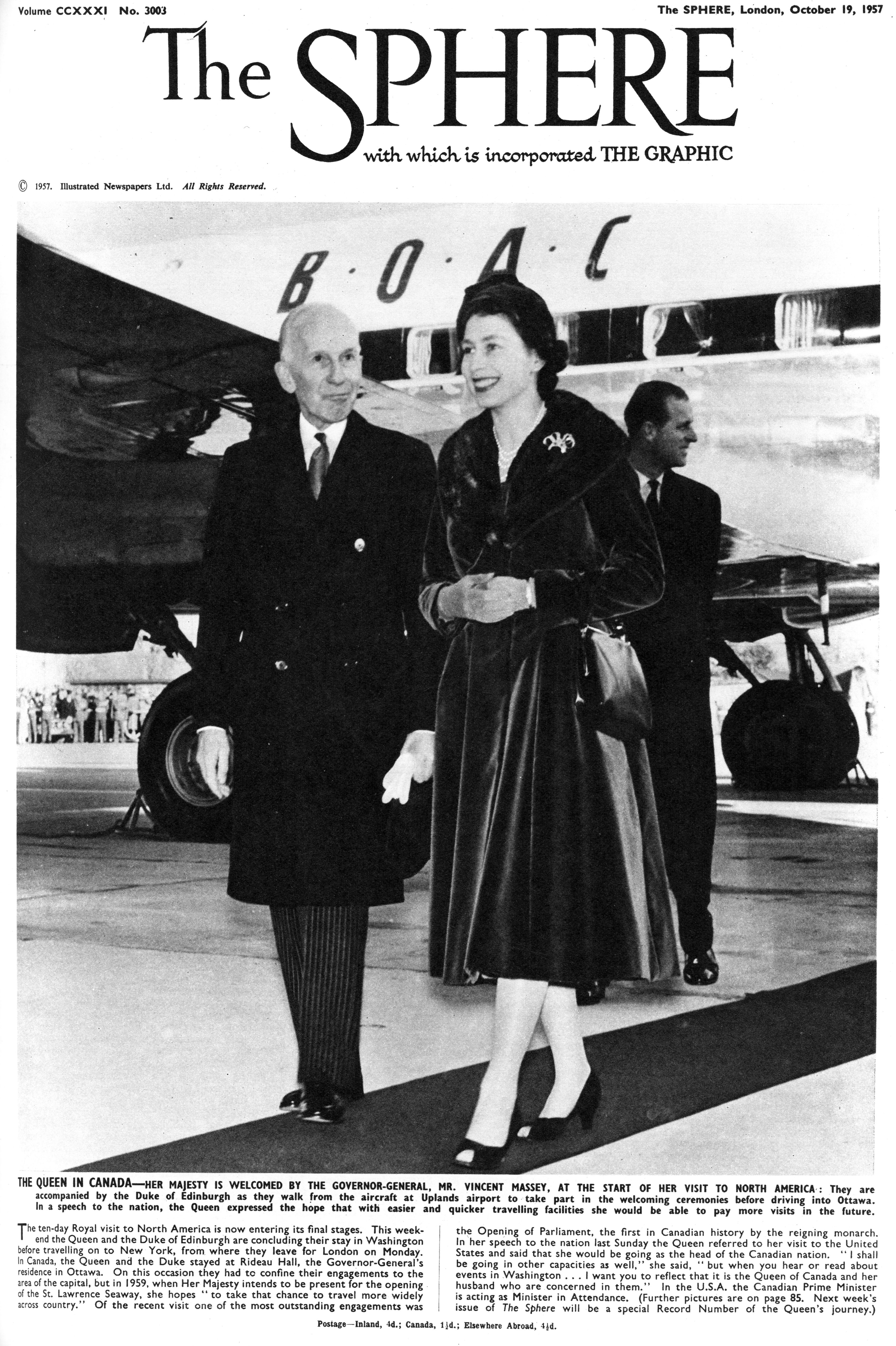 First Anniversary The Queen’s Death - Her Majesty is welcomed by Governor-General Mr. Vincent Massey at the start of her visit to North America in 1957