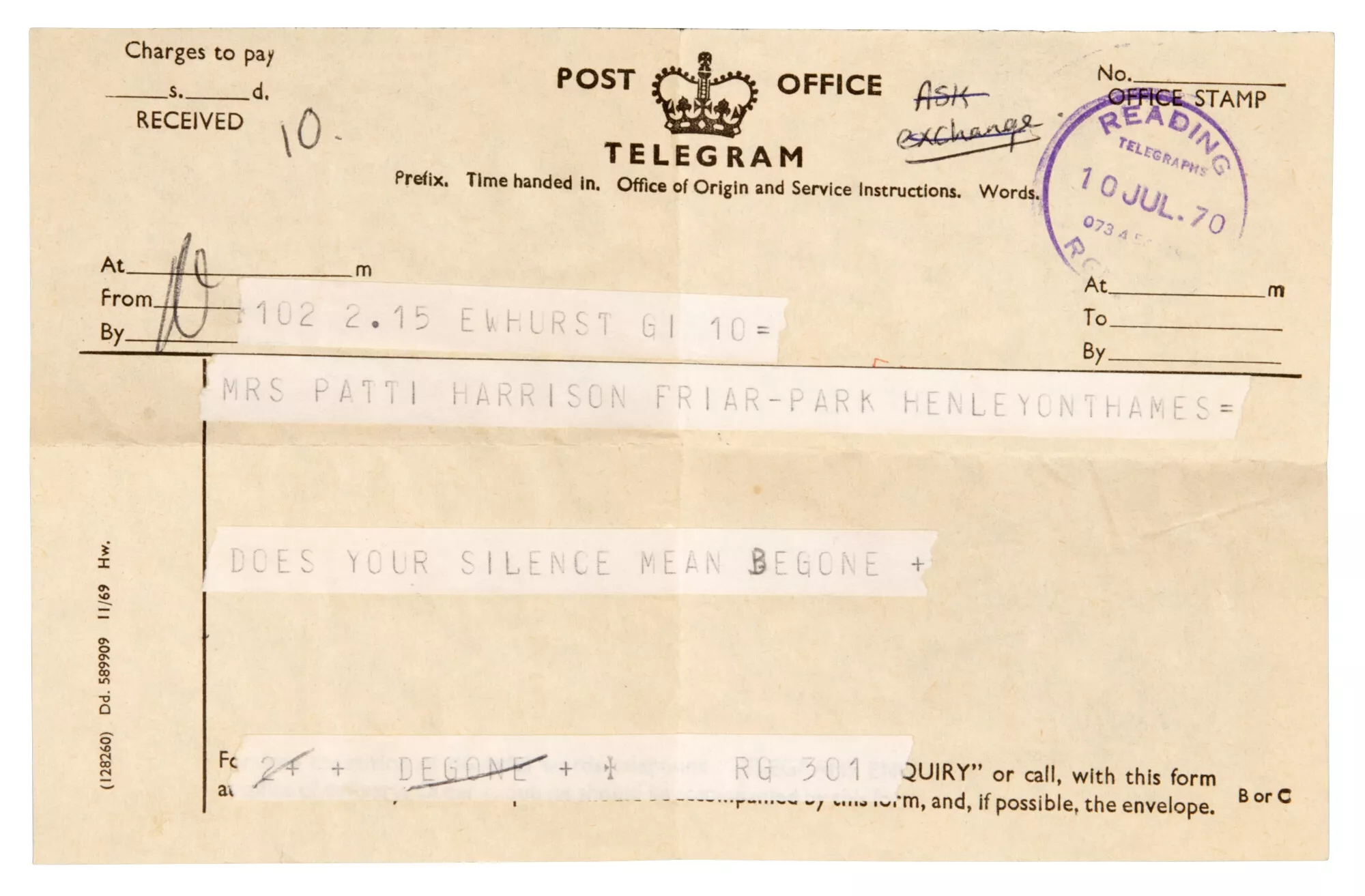 Christie's Pattie Boyd Collection - Telegram from Eric Clapton