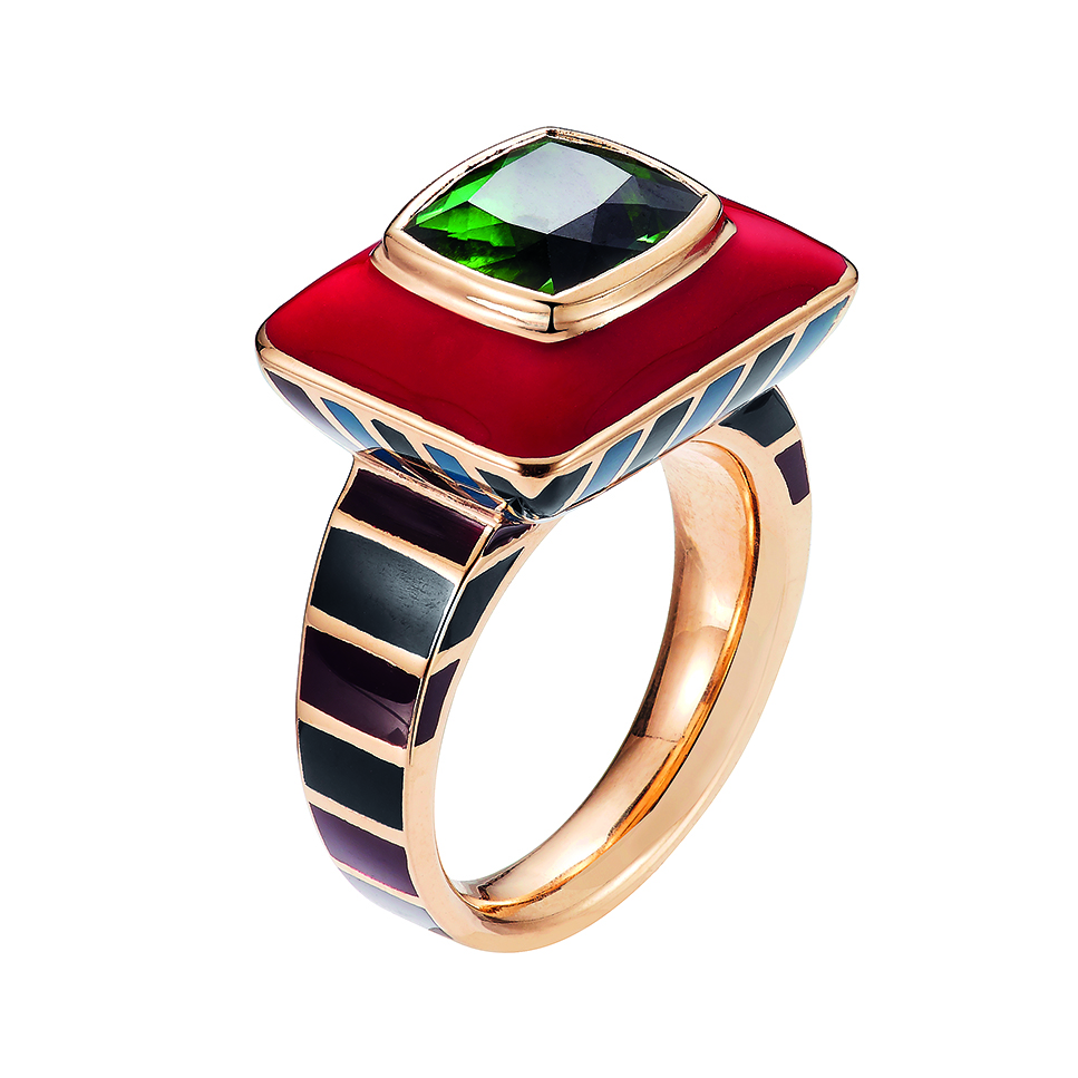 fashion jewellery trends 2025 - Cicolini Memphis Sottsass green tourmaline bespoke ring