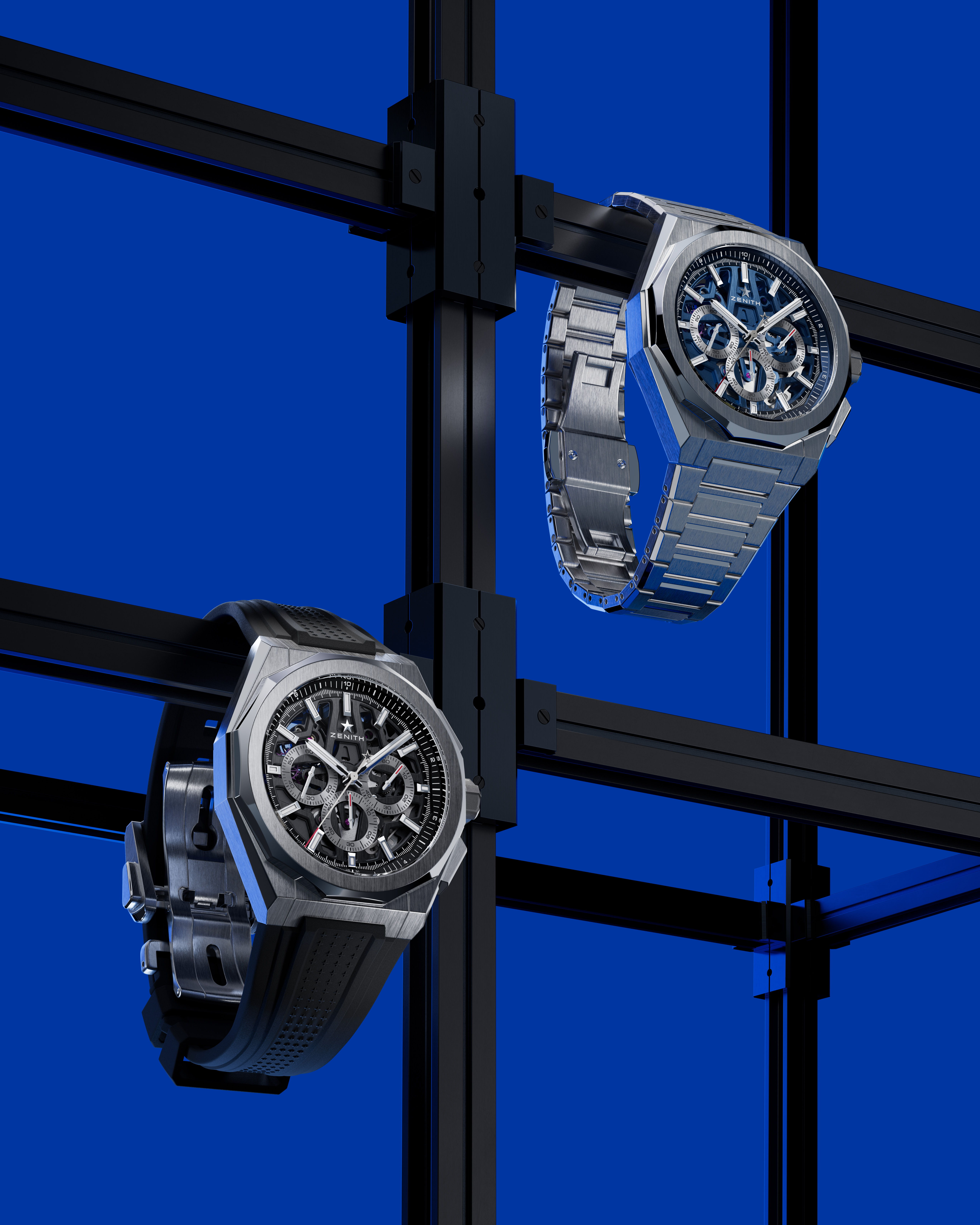 LVMH Watch Week - two zenith defy watches hanging on a railing