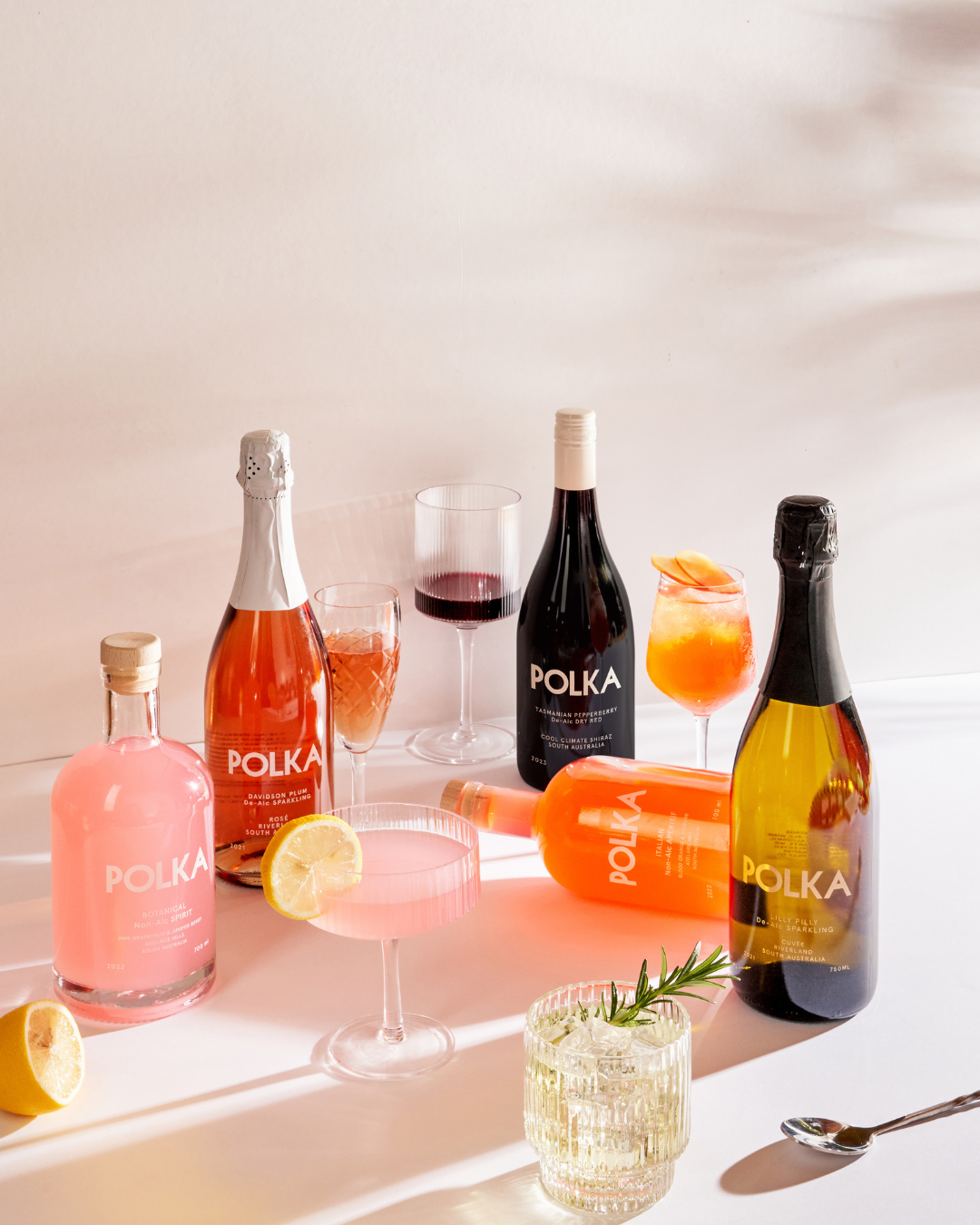 luxury non alcoholic spirits - a variety of wines and bottles of spirit from Polka