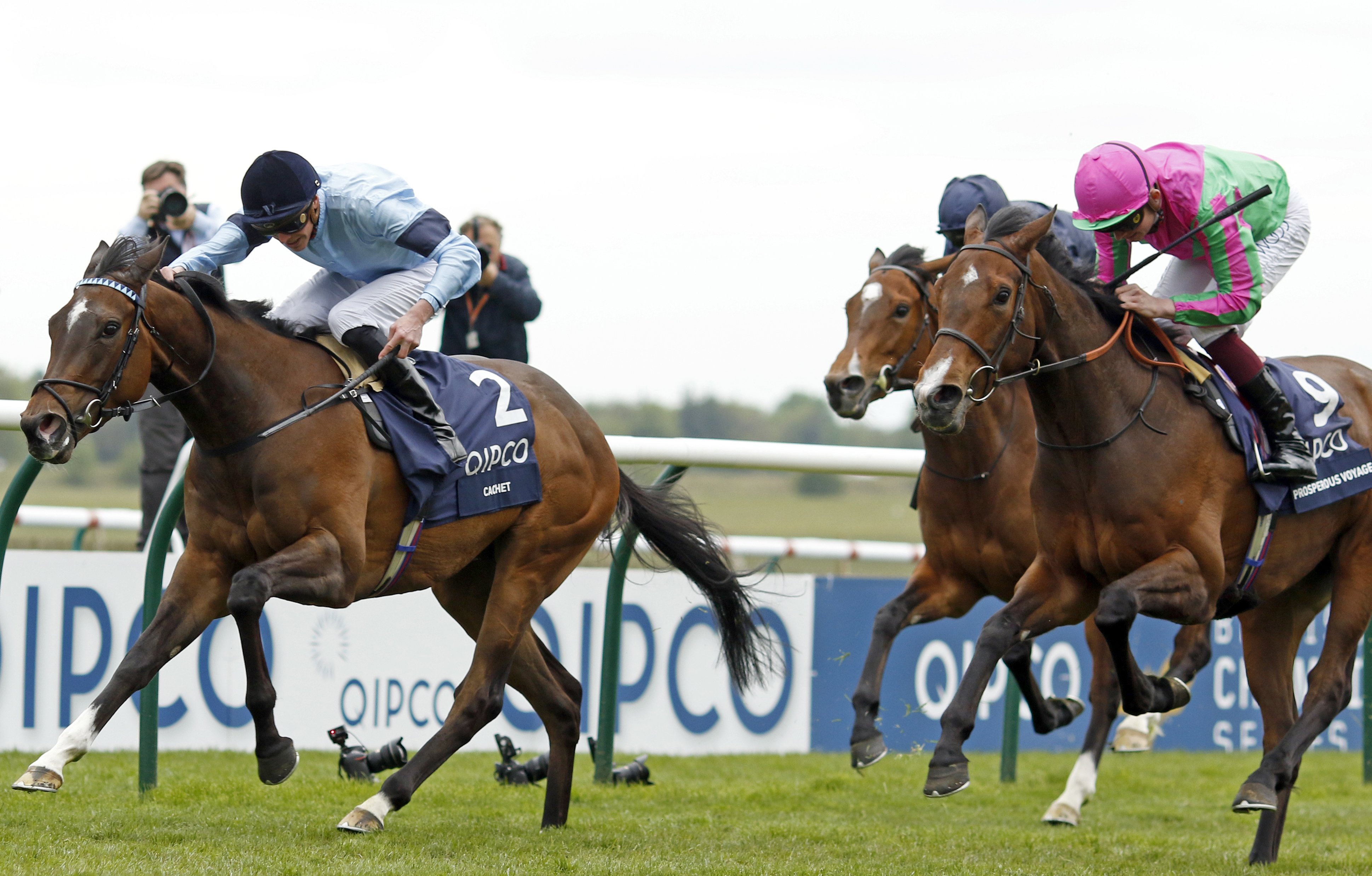 Investment, Tech & Motoring trends 2025 - Two racehorses sprinting on a grass track, with the horse in light blue silks leading slightly ahead of the one in pink and green. Photographers and event signage in the background 