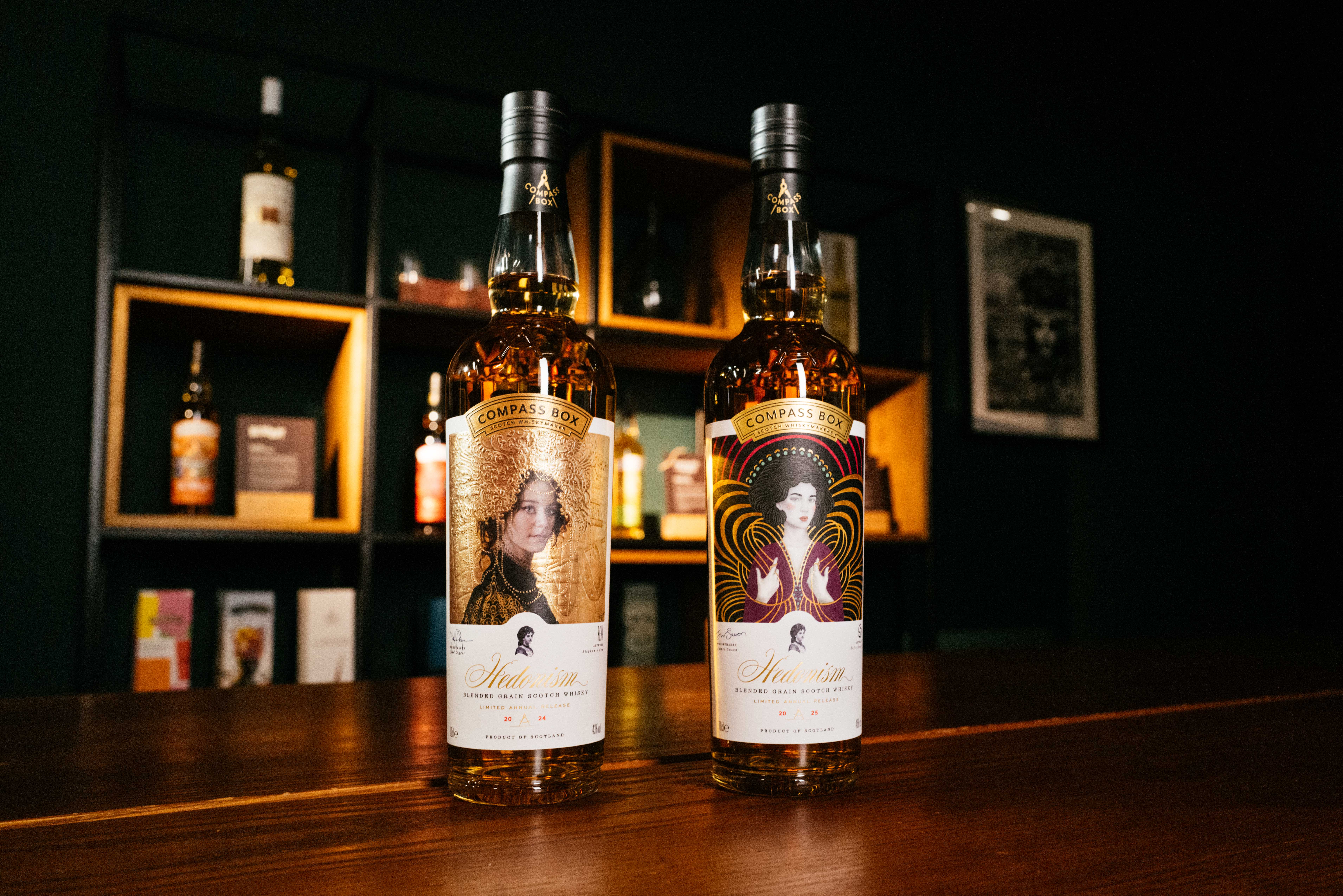 Compass Box Hedonism 2025 - a bottle of Hedonism 2024 alongside a bottle of Hedonism 2025