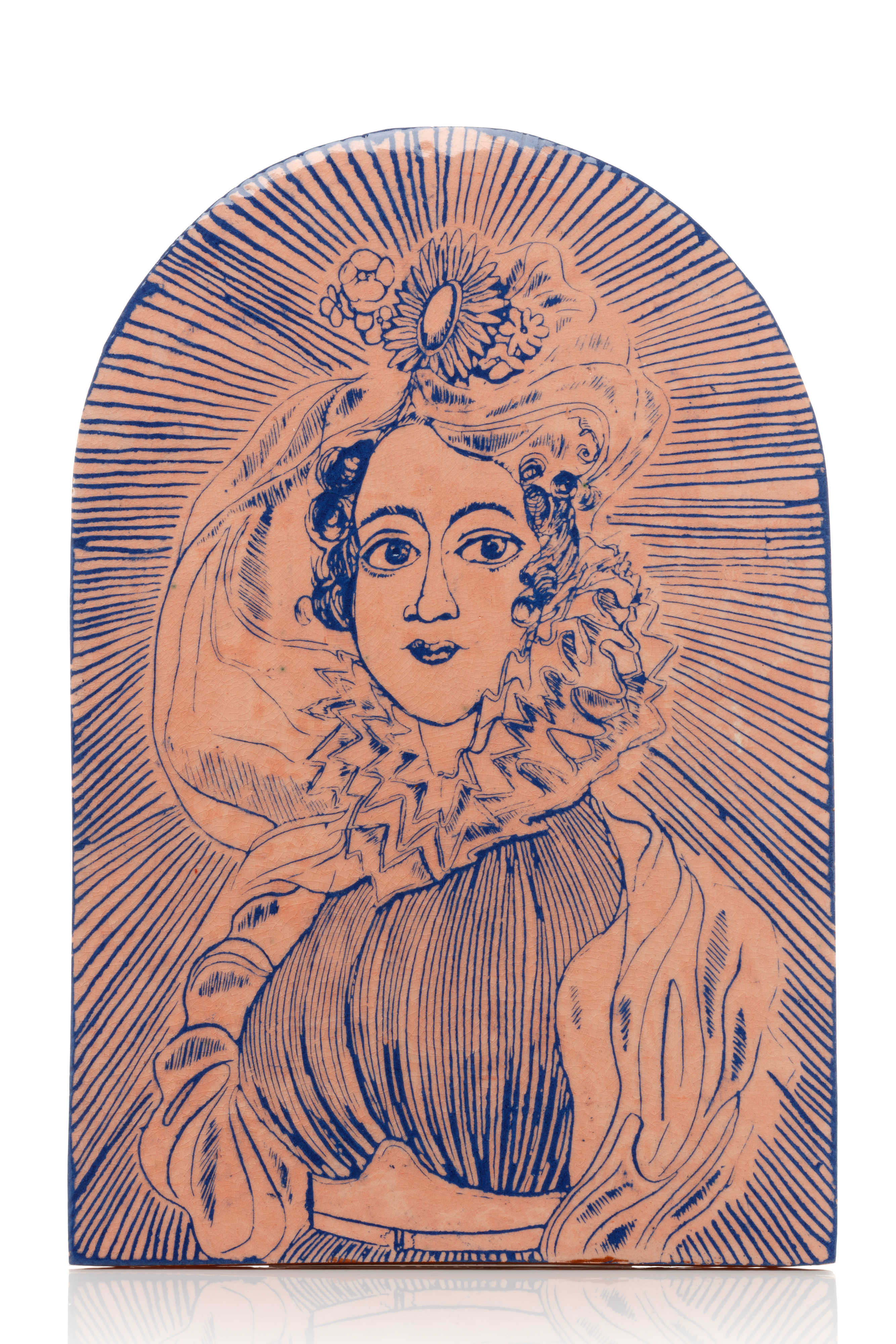 Terrence Higgins Trust Auction 2025 - Radiant pink Lady by Sir Grayson Perry is a ceramic artwork featuring a blue illustration of a woman in period clothing on a warm terracotta surface.