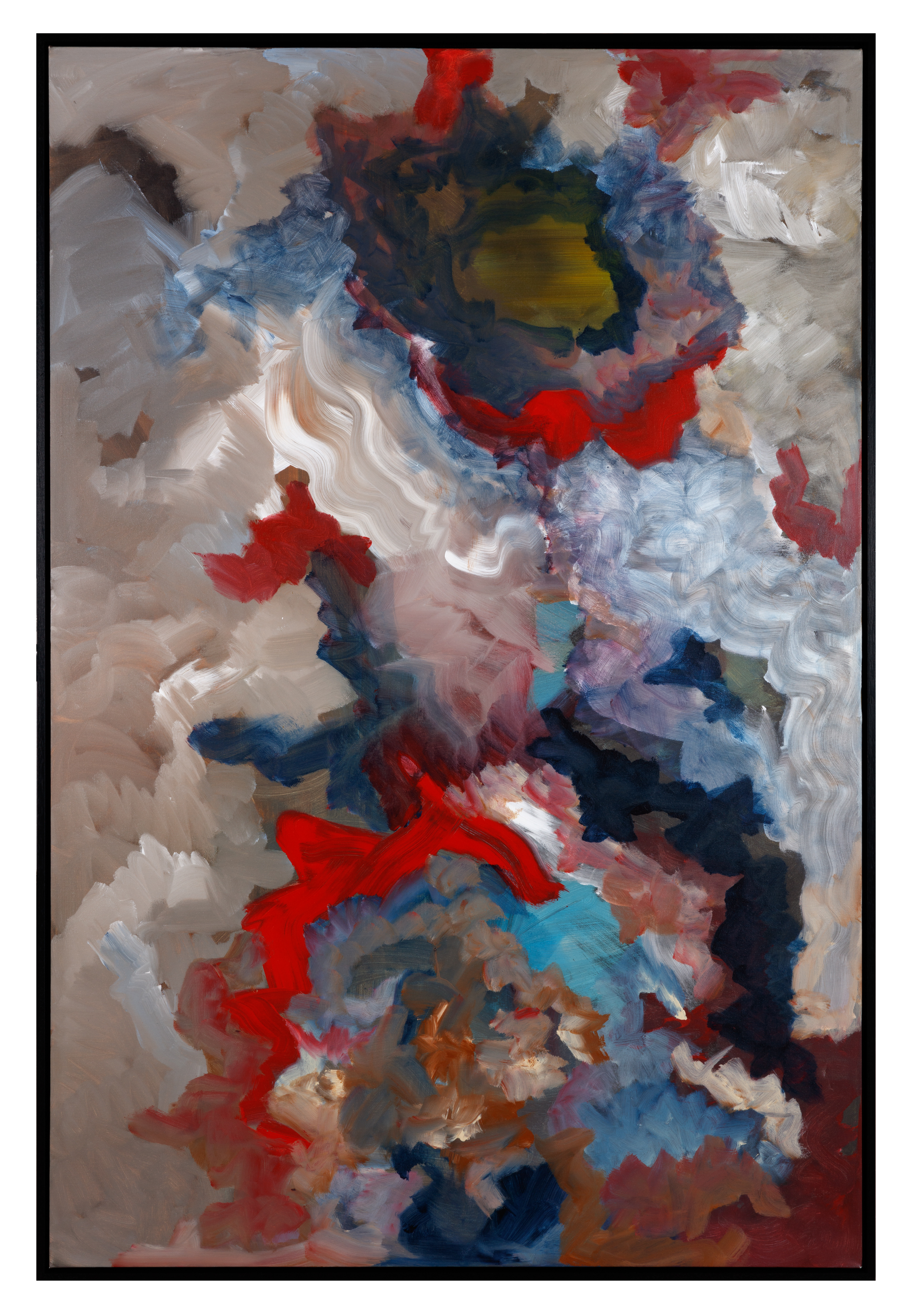 Terrence Higgins Trust Auction 2025 - Dream by Leila Bartell is a bold abstract painting with swirling layers of colour, including blues, reds, and earthy tones.