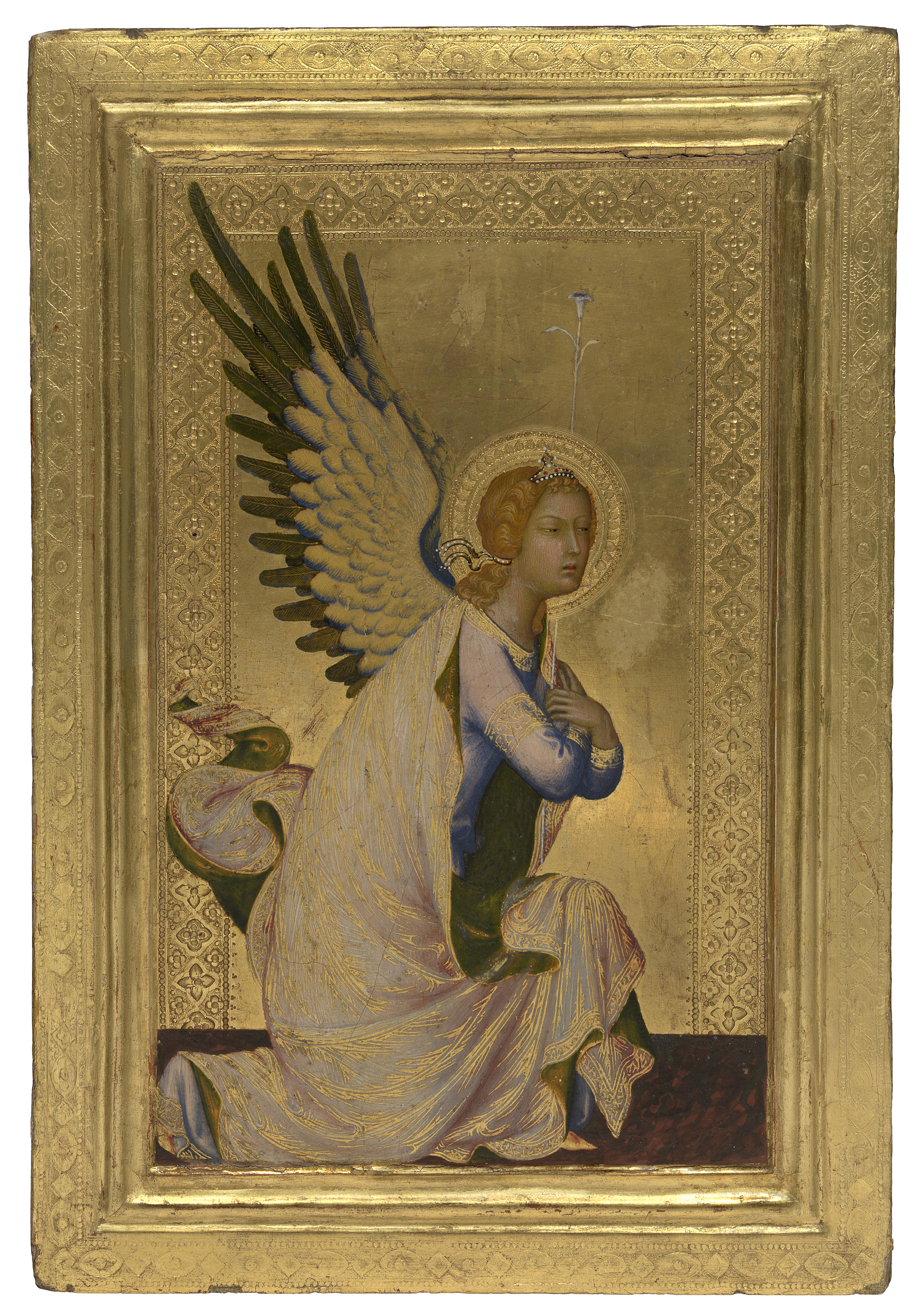 Siena at The National Gallery - The Archangel Gabriel by Simone Martini depicts the angel Gabriel kneeling with his arms crossed on his chest.