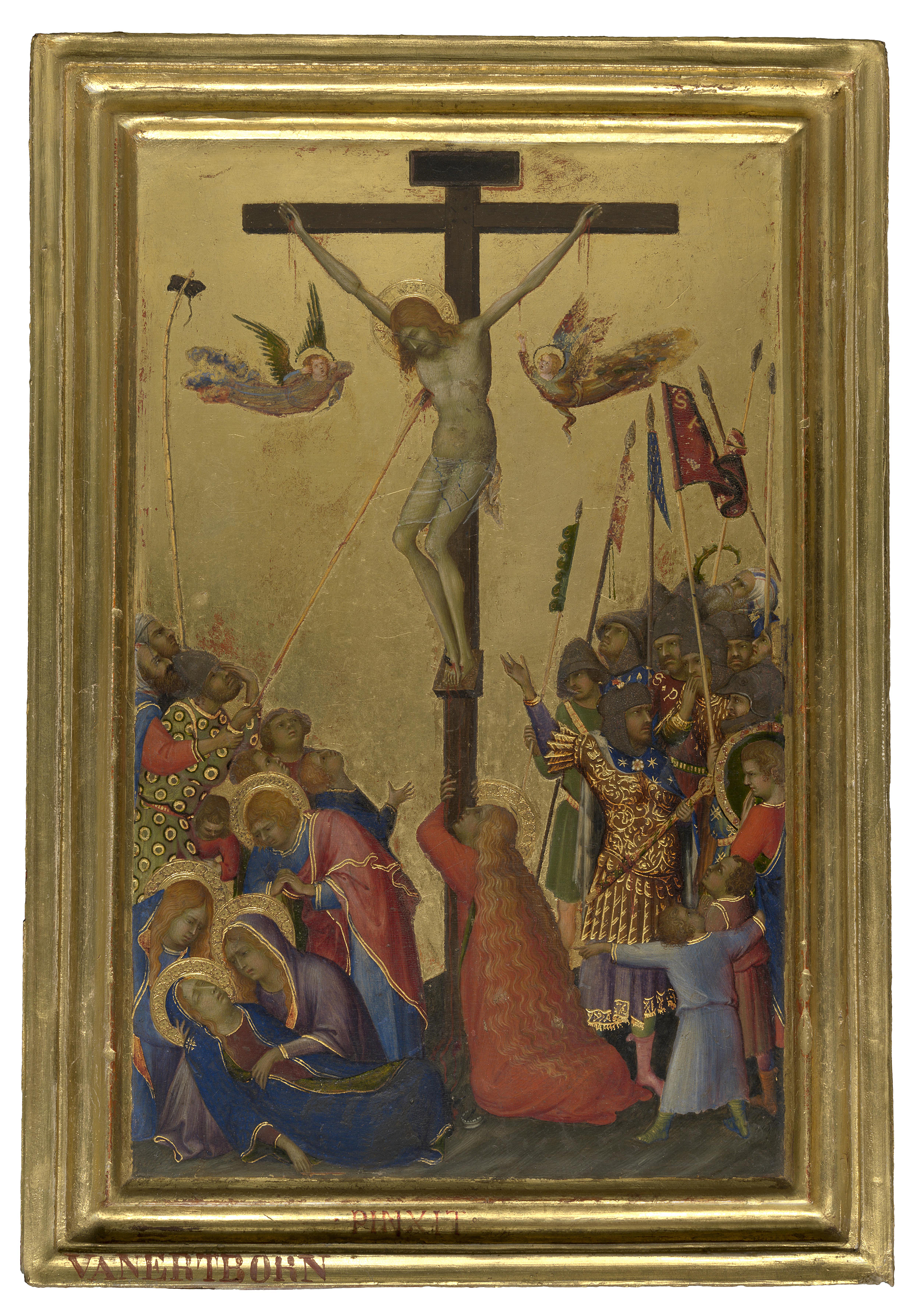 Siena at The National Gallery - Crucifixion by Simone Martini depicts Jesus on the cross with crowds in uproar below him and angels at his side.