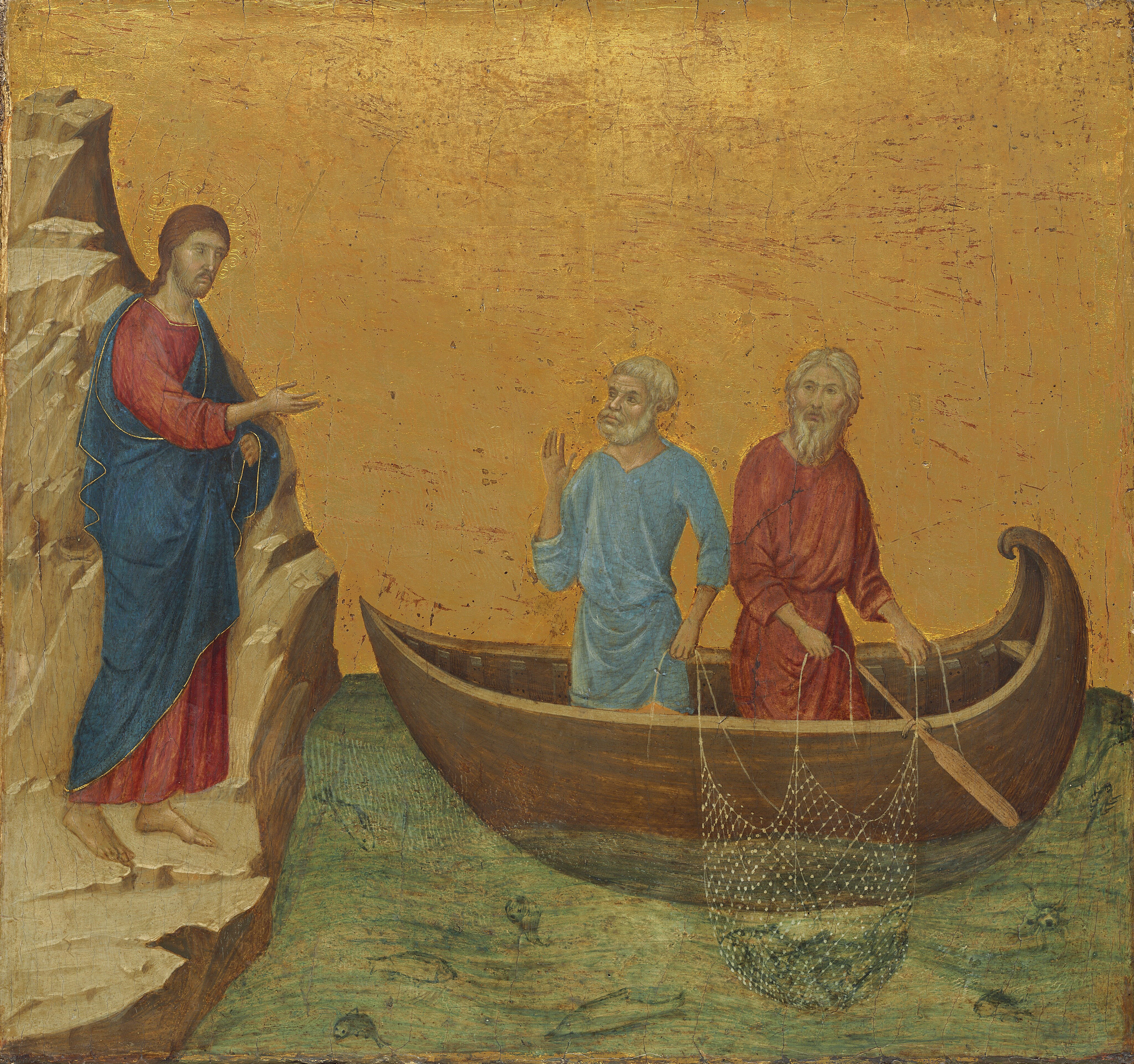 Siena at The National Gallery - The Calling of the Apostles Peter and Andrew part of the Maestà panels by Duccio courtesy of National Gallery of Art. The apostles Peter and Andrew are pictured on a boat as Jesus calls out to them from the shore. 