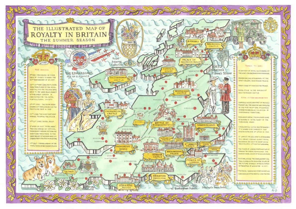 A Royal Atlas map of the royal spring and summer season, designer by Adam Dant for the Illustrated Royalty in Britain Spring Edition.