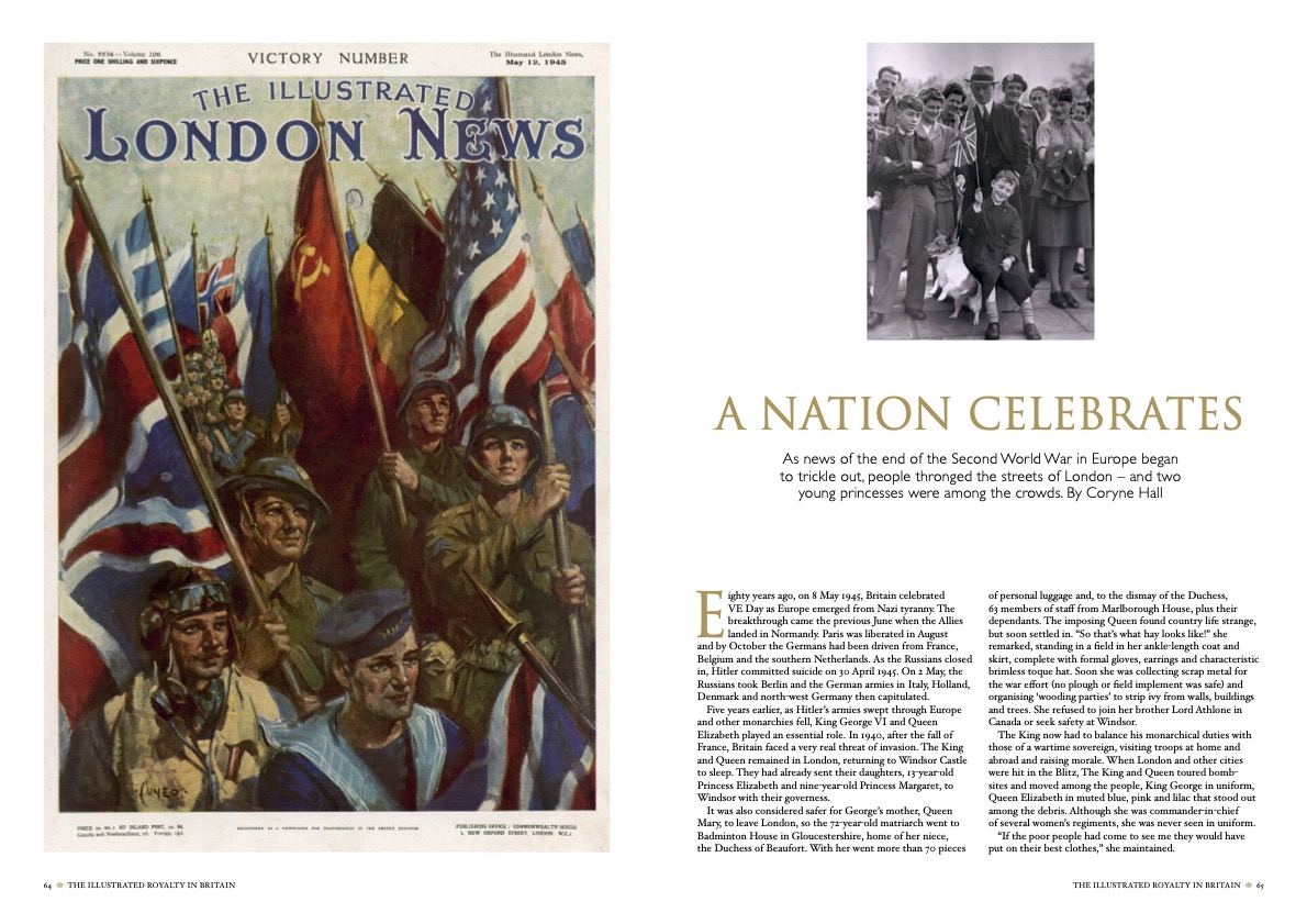 A double page commemorating the 80th anniversary of VE Day, as featured in the Illustrated Royalty in Britain Spring Edition.