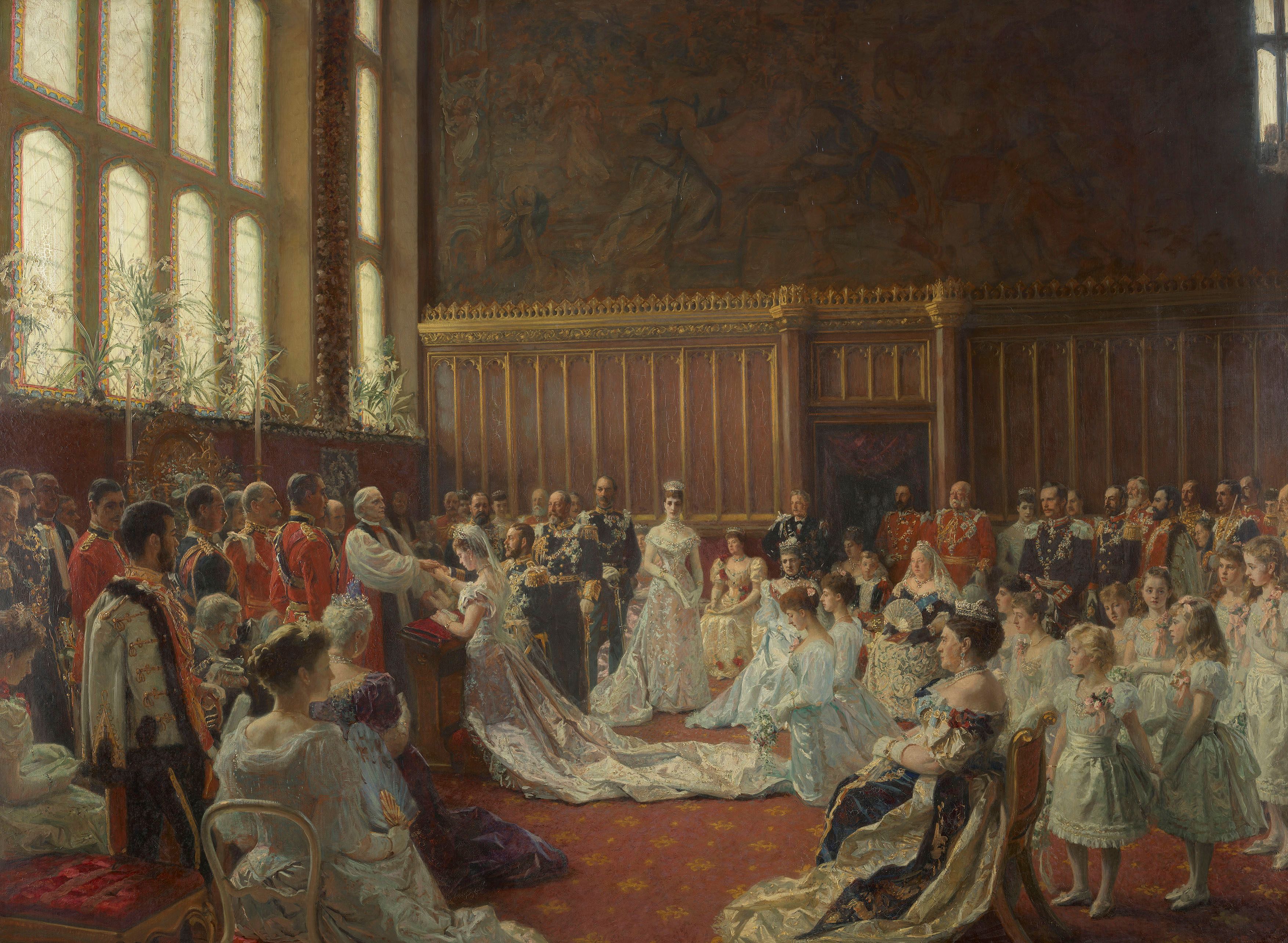 The Marriage of George, Duke of York, with Princess Mary of Teck by Tuxen, as shown at Edwardians:The Age of Elegance exhibited at the Royal Collection Trust
