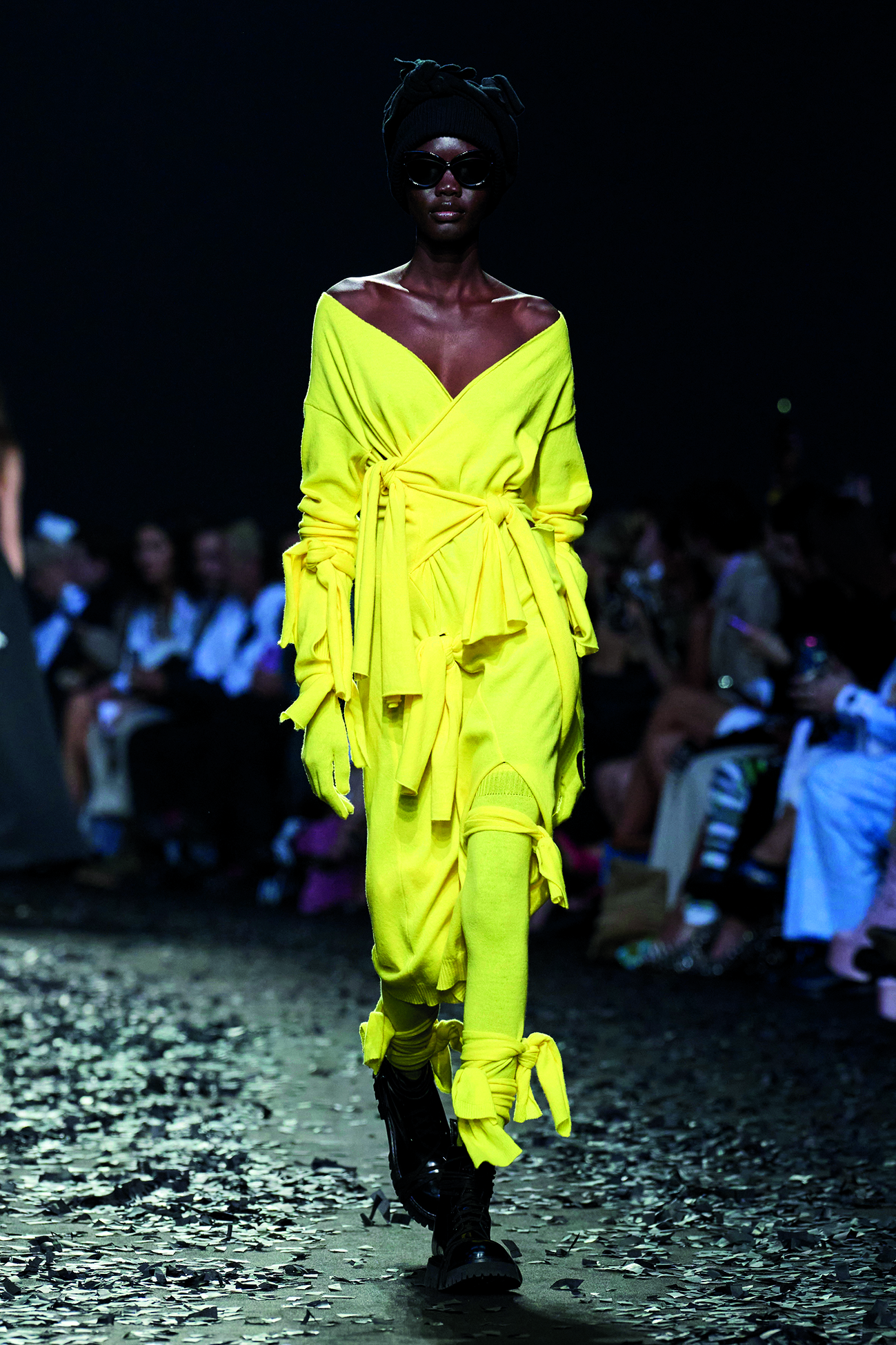 Neon dress at fashion house Moschino's AW25 runway show.