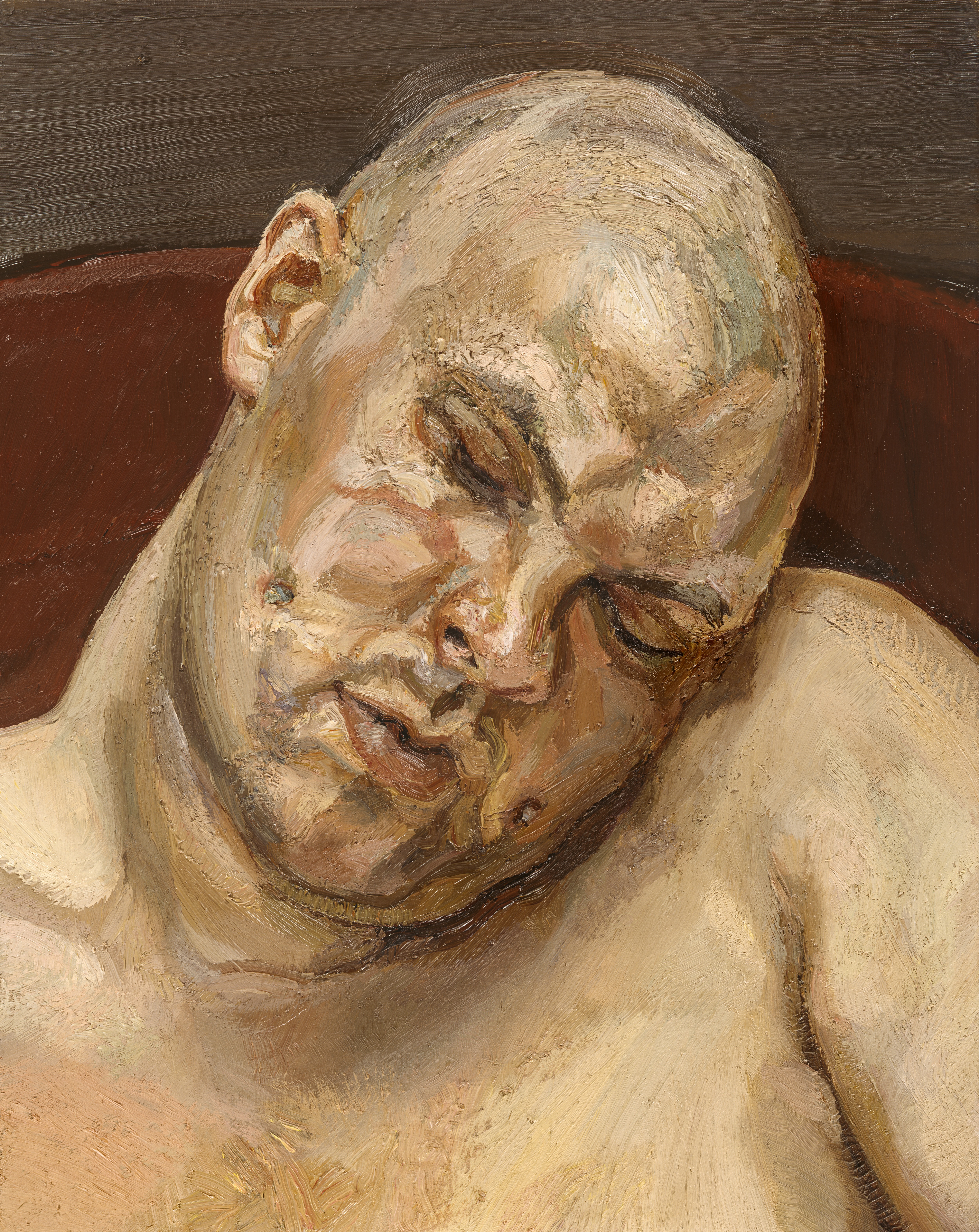 Leigh Bowery hangs his head on his shoulder as painted by Lucien Freud.