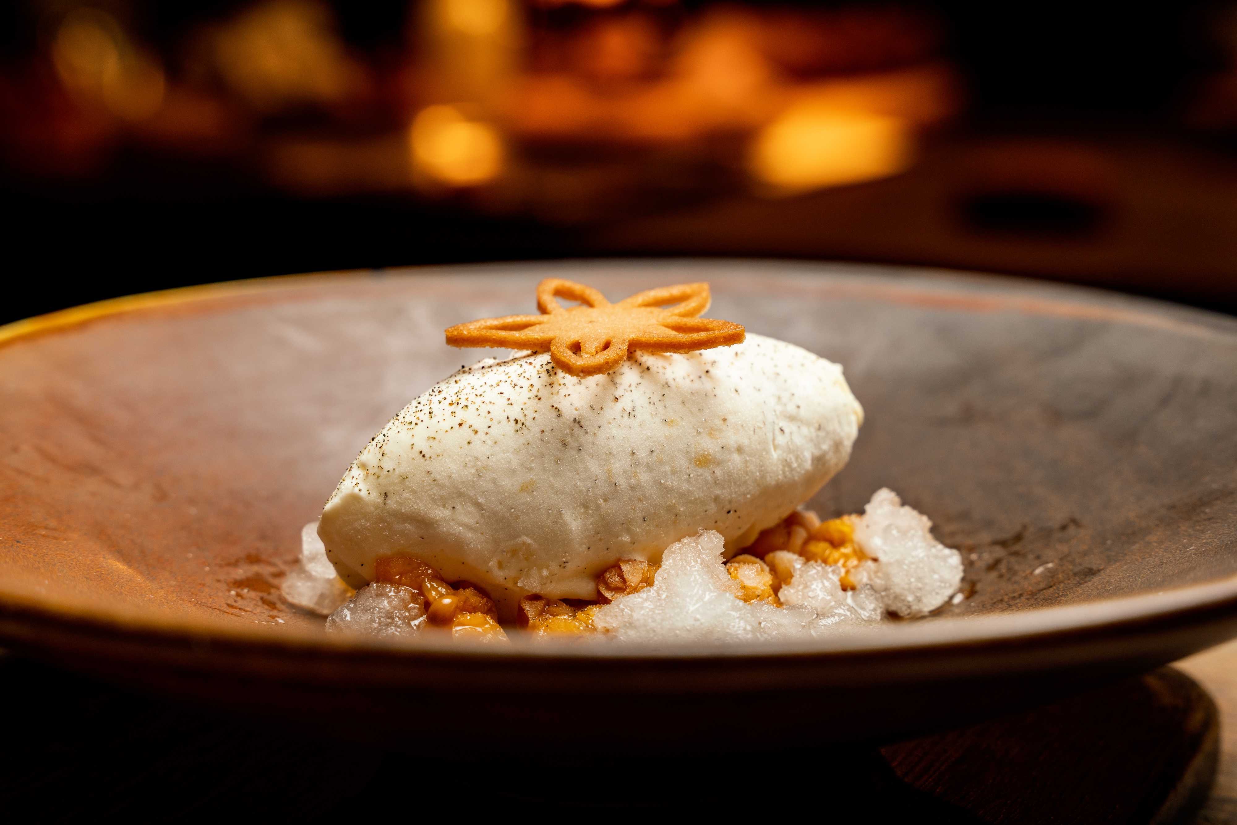 Dessert in front of an open-fire at the restaurant, Ekstedt at the Yard.