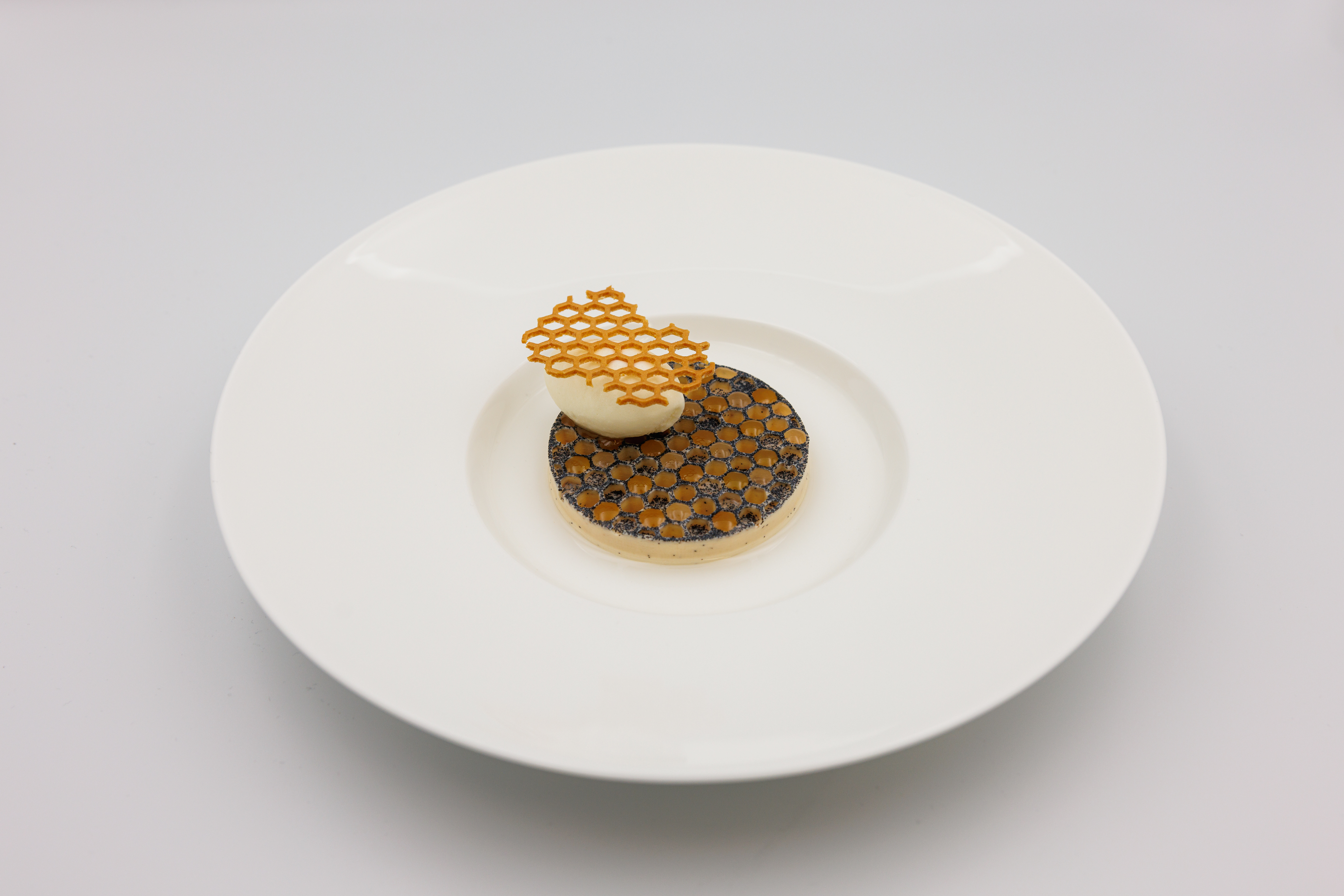 The leatherwood honey, milk and lavender dessert, luxury dining experience.