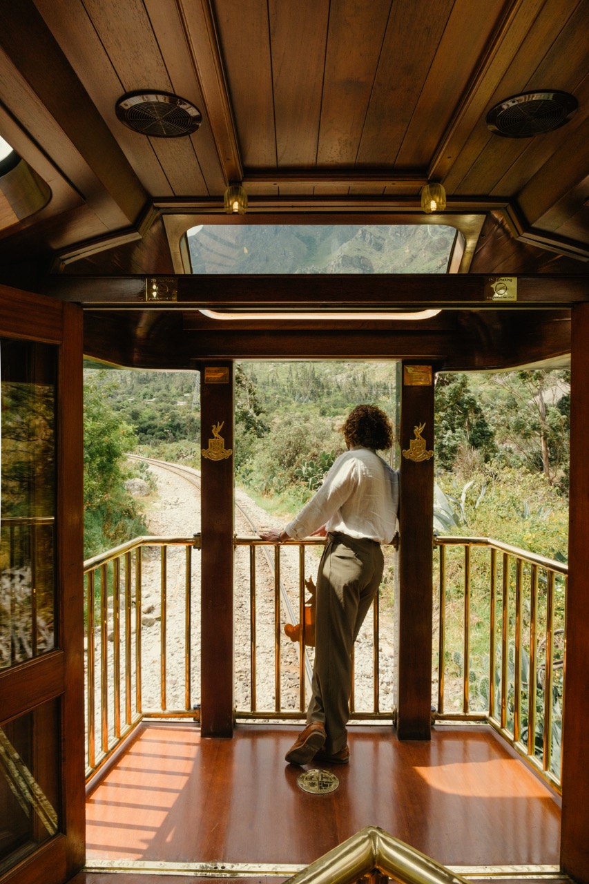 Open balcony on the luxury train Machu Picchu. 