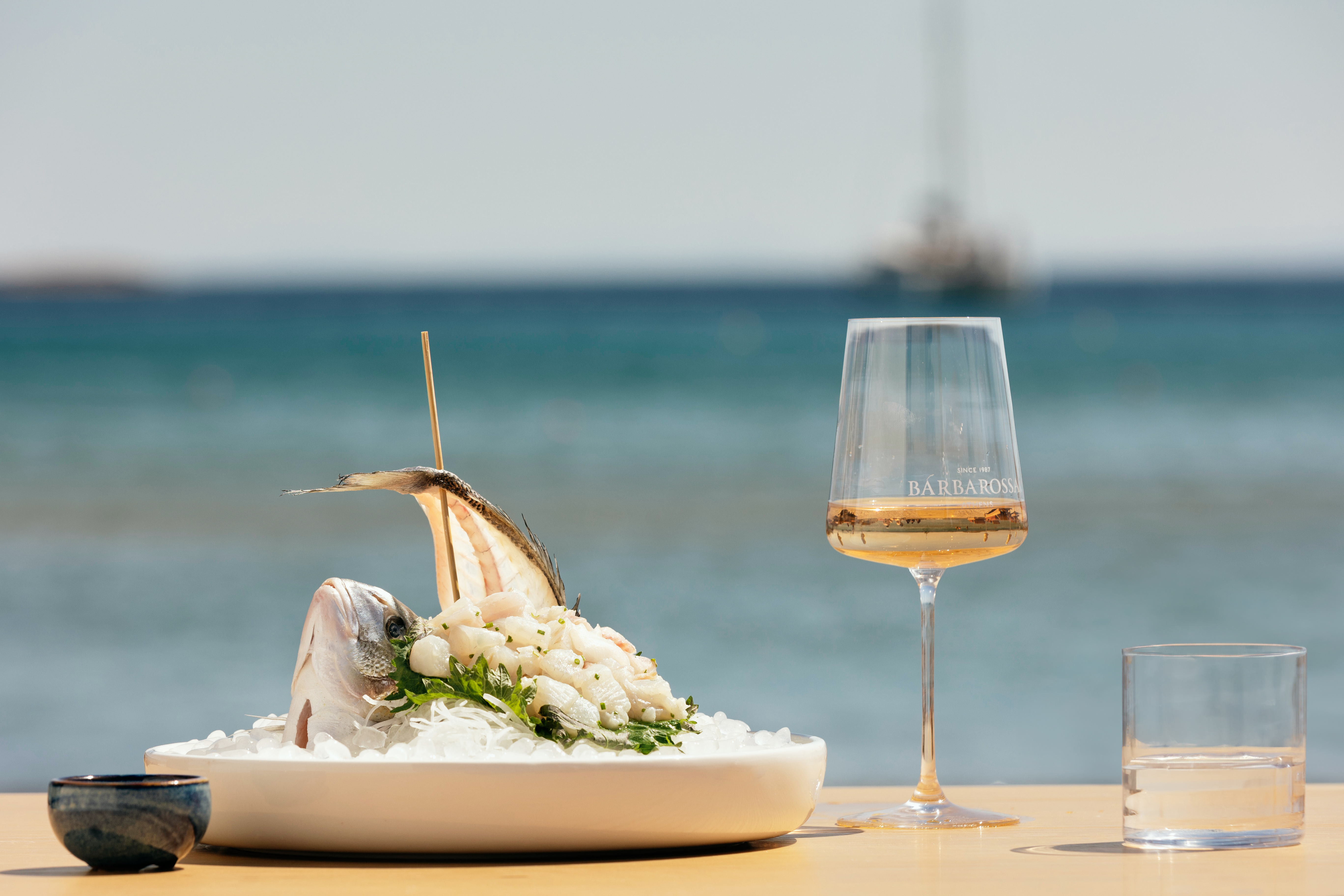 Dinner overlooking the beach at Barbarossa in the Domes Resort, Athens.