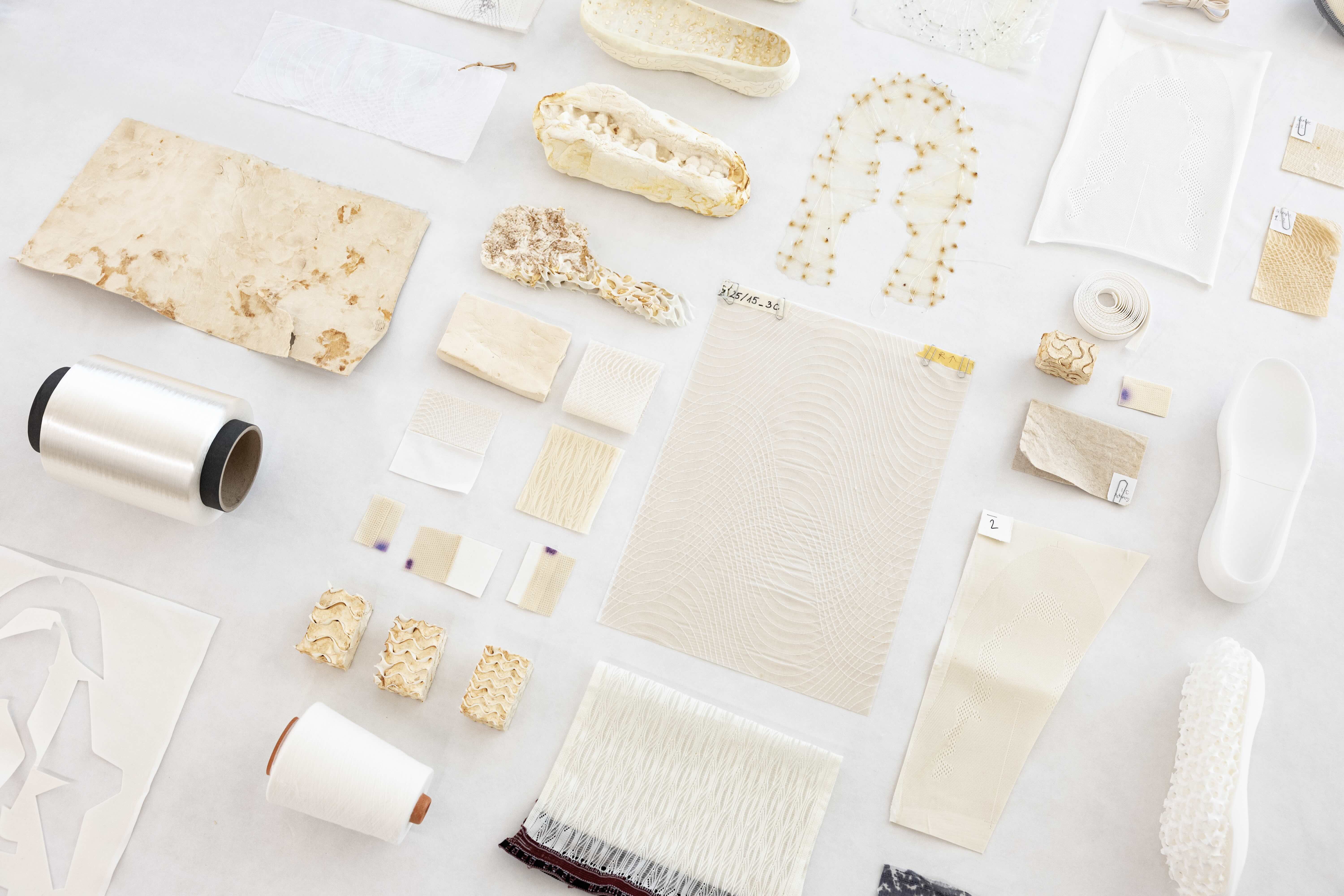 Components of the concept Korvaa shoe, including the upper made by Modern Synthesis from nanocellulose, a bio-textile material