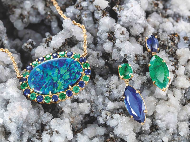 Black opal, emerald and sapphire pendant and earrings