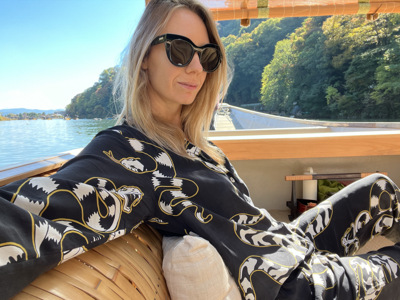 Em Prové, Luxury Textile Designer - wearing Olivia Von Halle print