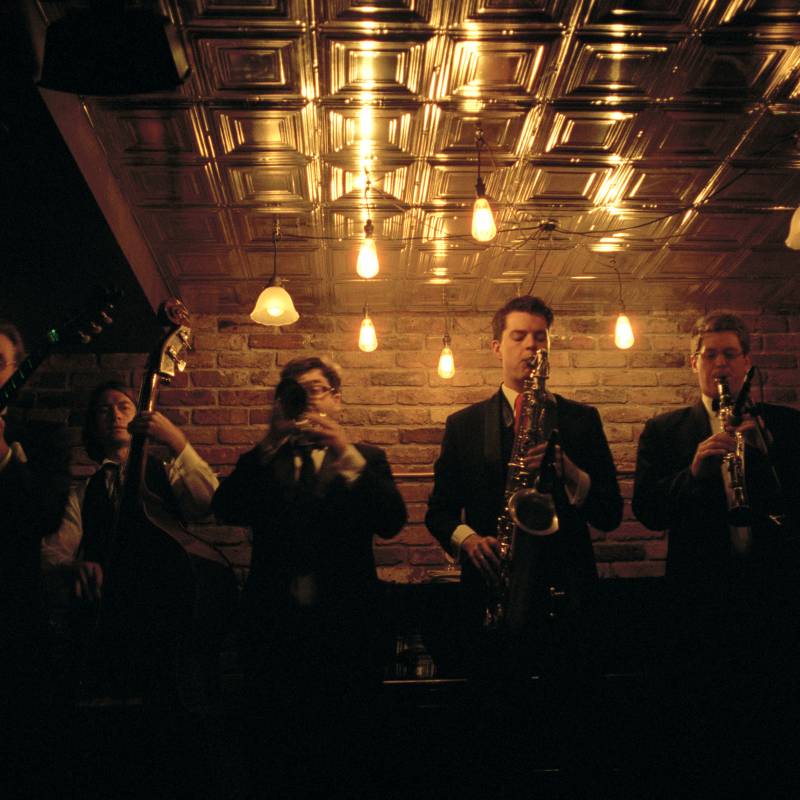 Five piece band performing at London jazz club, Nightjar.